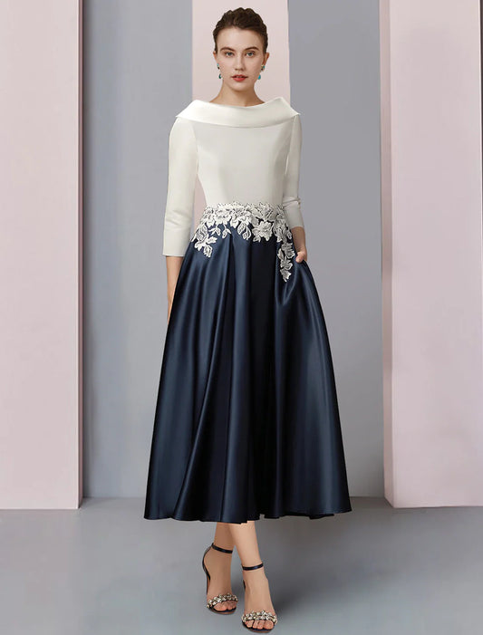Aimishang A-Line Mother of the Bride Dress Formal Wedding Guest Elegant Vintage Bateau Neck Tea Length Satin Lace Half Sleeve with Pleats Appliques Color Block