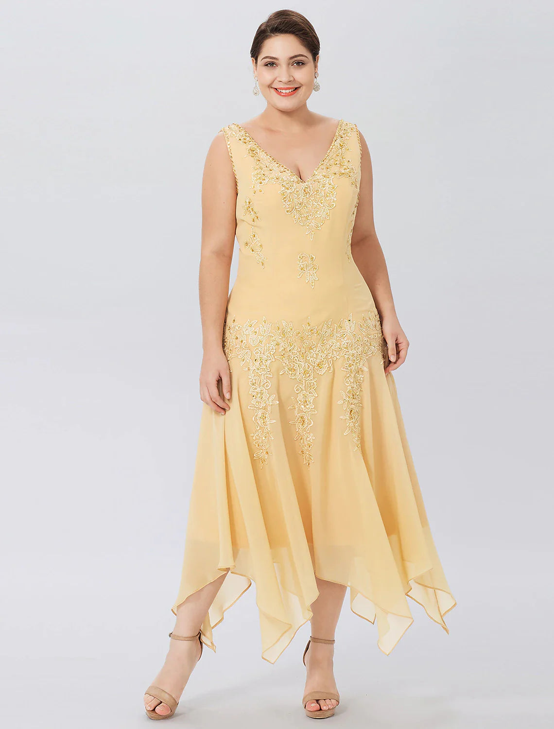 Aimishang A-Line Mother of the Bride Dress Formal Plus Size Elegant High Low V Neck Asymmetrical Chiffon Beaded Lace Long Sleeve Wrap Included with Beading Appliques