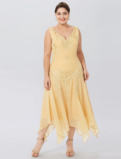 Aimishang A-Line Mother of the Bride Dress Formal Plus Size Elegant High Low V Neck Asymmetrical Chiffon Beaded Lace Long Sleeve Wrap Included with Beading Appliques