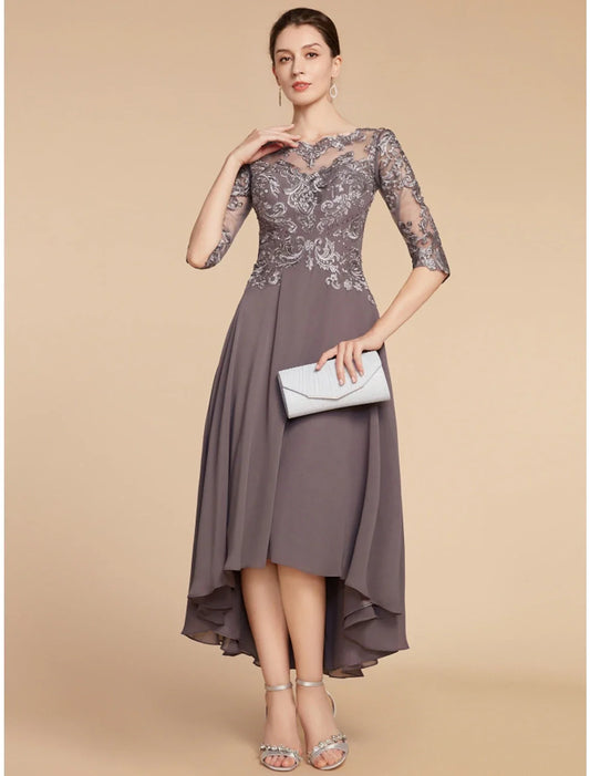Aimishang A-Line Mother of the Bride Dress Wedding Guest Elegant Vintage Scoop Neck Asymmetrical Chiffon Lace Half Sleeve with Ruching Solid Color