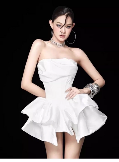 Cute White Strapless Ruffled Hem Design A-line Satin Party Dress Homecoming Dress HZ1024