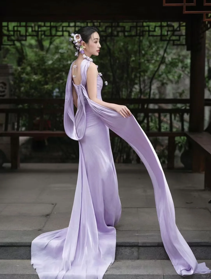 Elegant Light Purple Strapless Sheath Chiffon Long Evening Dress Prom Dresses HZ1024