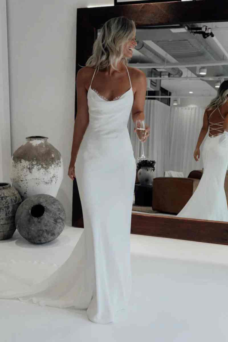 Dreamy Cowl Neck Mermaid Lace-up Long Wedding Dress