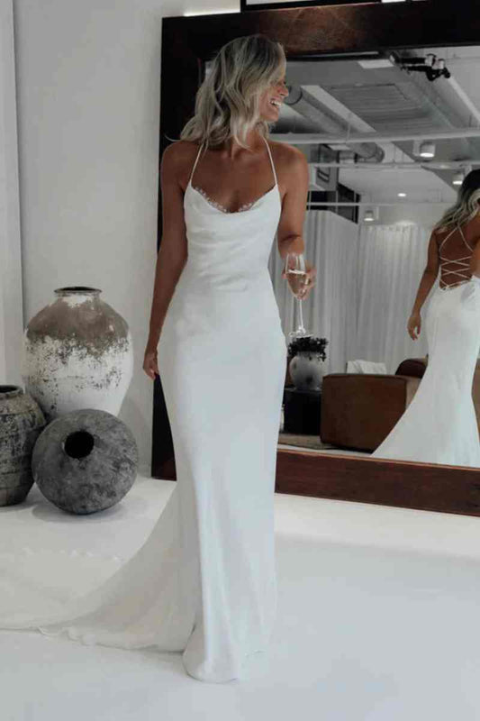 Dreamy Cowl Neck Mermaid Lace-up Long Wedding Dress