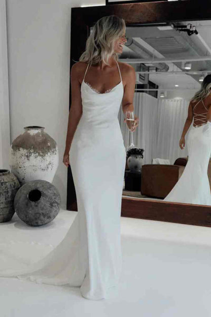 Dreamy Cowl Neck Mermaid Lace-up Long Wedding Dress