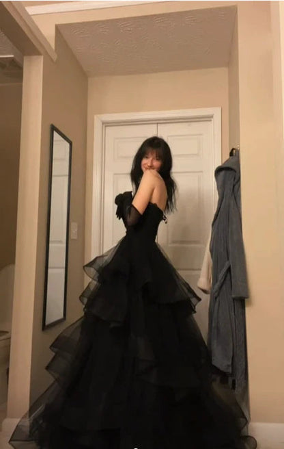 Black Aesthetic Ruffle Prom Dress Ball Gown Glam Dresses