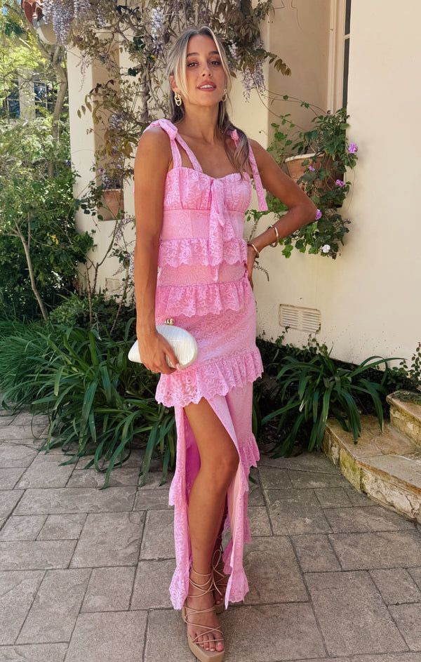 Lovely Pink Lace Tiered Side Slit Long Party Dress Formal Prom Evening Gown  cc1531