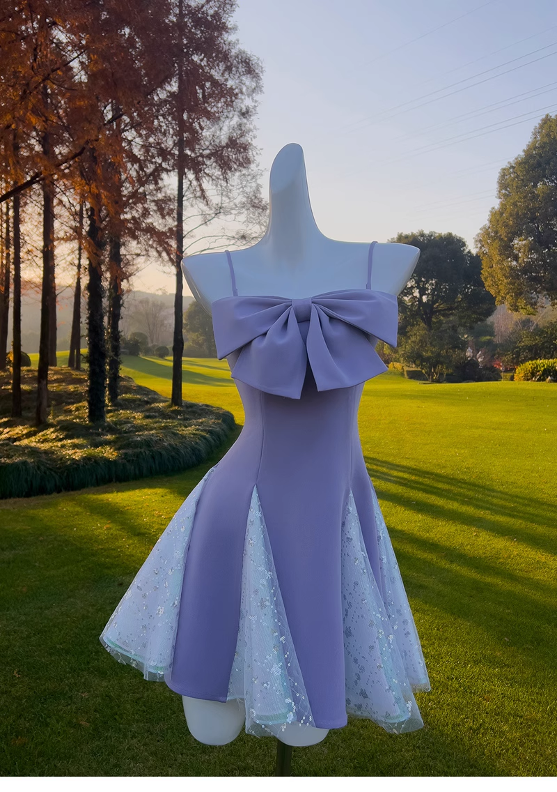 New Fashion Purple Bow Sequin Design A-line Spaghetti Strap Party Dresses Homecoming Dresses, HZ1024