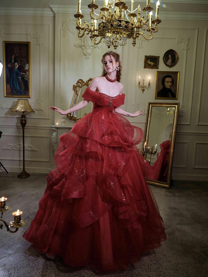 Glitter Off-Shoulder Evening Gown, Red Tulle Beaded Ball Gown Fairy Quinceanera Dress cc1702