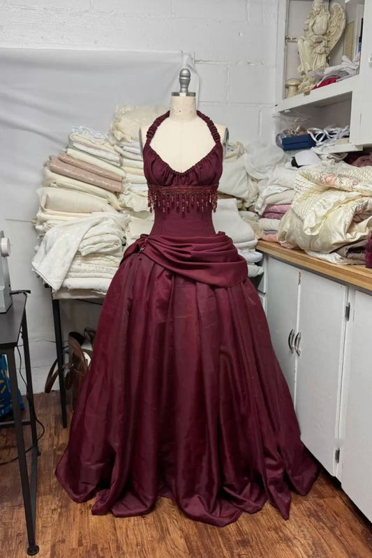 Halter Neck Burgundy Satin Ball Gown | Luxury Elegant Tassel Waist Floor-Length Dress for Gala Ball gh6470
