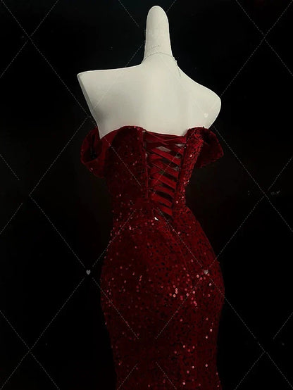 Enchanting Shiny Sequin Sweetheart Off-the-shoulder Mermaid Floor-length High Slit Prom Dress Evening Dress HZ1024