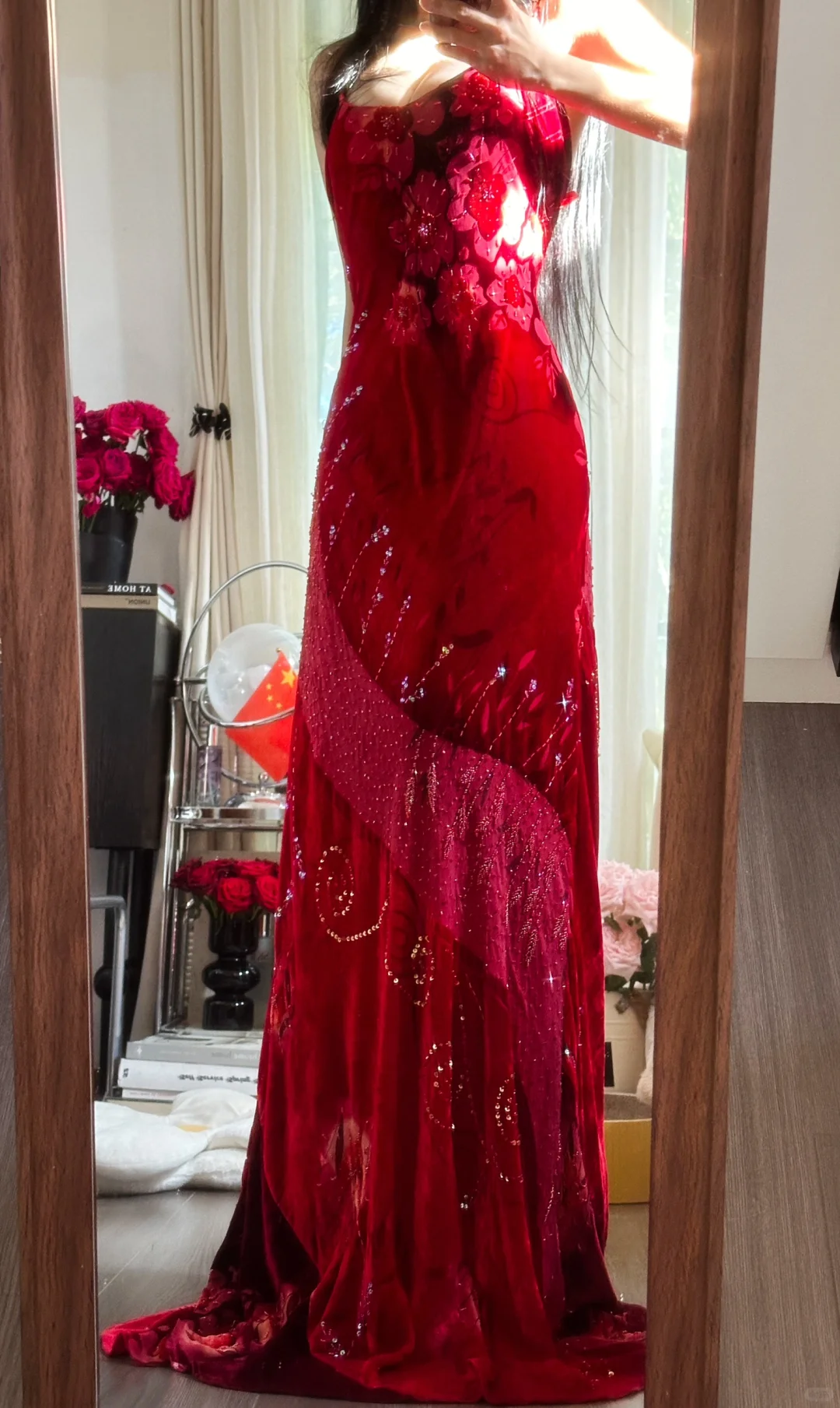 Vintage Red Sparkling Sequin Spaghetti Strap Design Elegant Chiffon Evening Dress Prom Dresses HZ1024