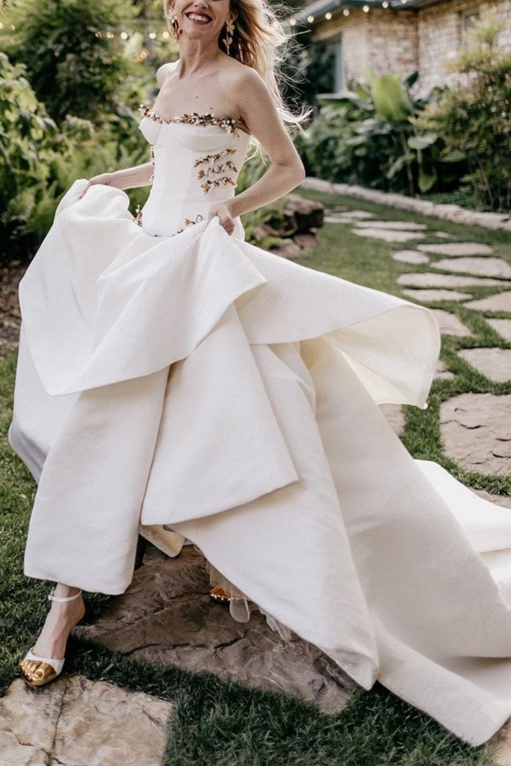 Girlhomeshops-Ivory and Gold Beaded Long Layered Floor-Length Wedding Dress with Train gh5389