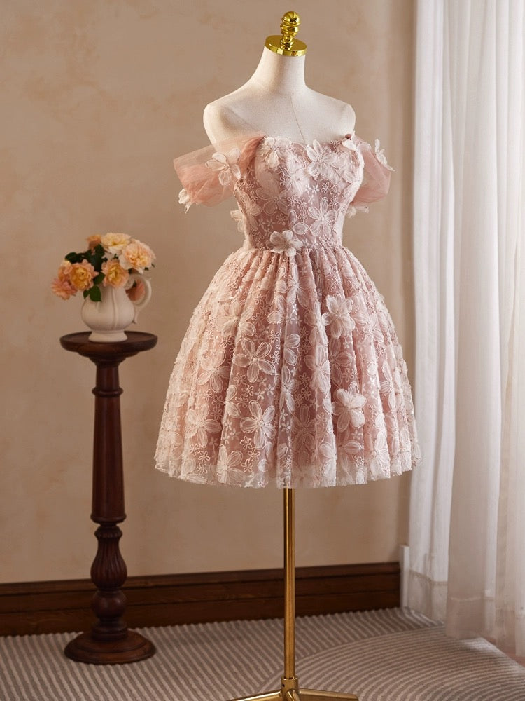 A-Line Off Shoulder Tulle Lace Short Prom Dress