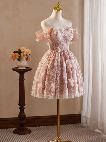 A-Line Off Shoulder Tulle Lace Short Prom Dress
