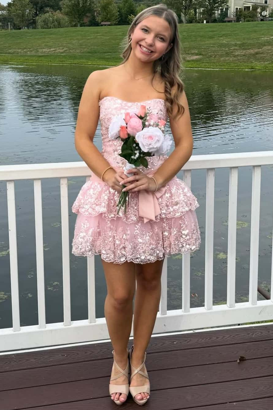 Cute Strapless A-Line Sequins Appliques Short Homecoming Dress with Ruffles