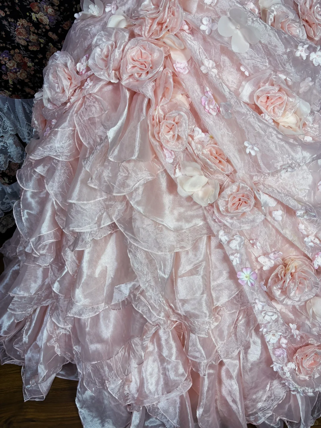 Gorgeous Pink 3D Flowers Sweet 16 Quinceanera Strapless A-Line Floor-length Prom Dress Evening Dress Ball Gown HZ1024