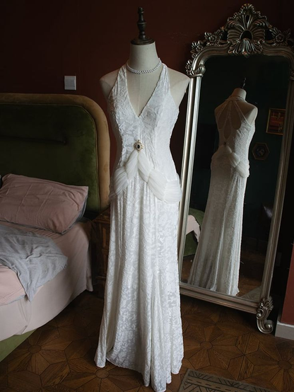 Vintage White V-Neck Backless Lace Mermaid Evening Dress Elegant Prom Party Dress cc1764