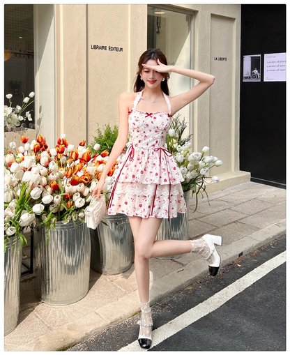 New Fashion Red Floral Print Bow Design A-line Halter Dress HZ1024