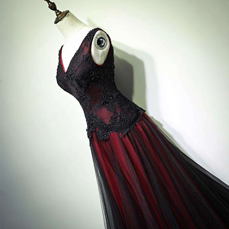 Gorgeous Black And Red V-Neckline Tulle Beaded Prom Dress, Long Evening Dress c2542
