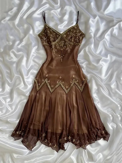 Vintage Embroidery Chiffon Spaghetti Strap Homecoming Dress Party Dress Cocktail Dress HZ1024