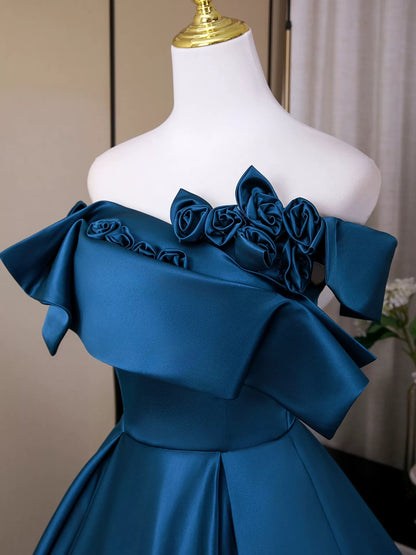 A-Line Off Shoulder Blue Long Prom Dress, Blue Long Formal Dress