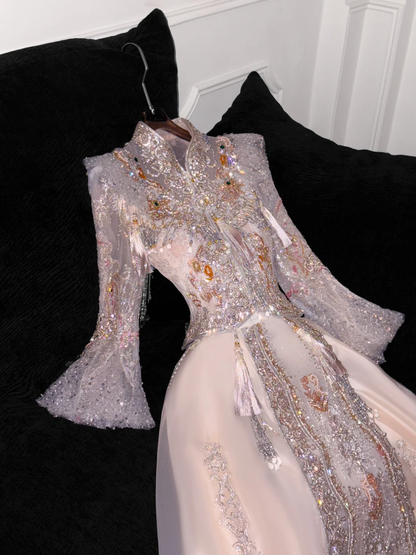 Gorgeous Sparkling Pink Beaded Sequin A-Line Romantic Chiffon Evening Dress Prom Dresses HZ1024