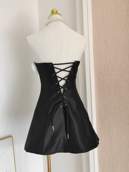 Vintage 3D Flowers Strapless A-Line Lace-up Satin Homecoming Dress Party Dress Short Cocktail Dress HZ1024