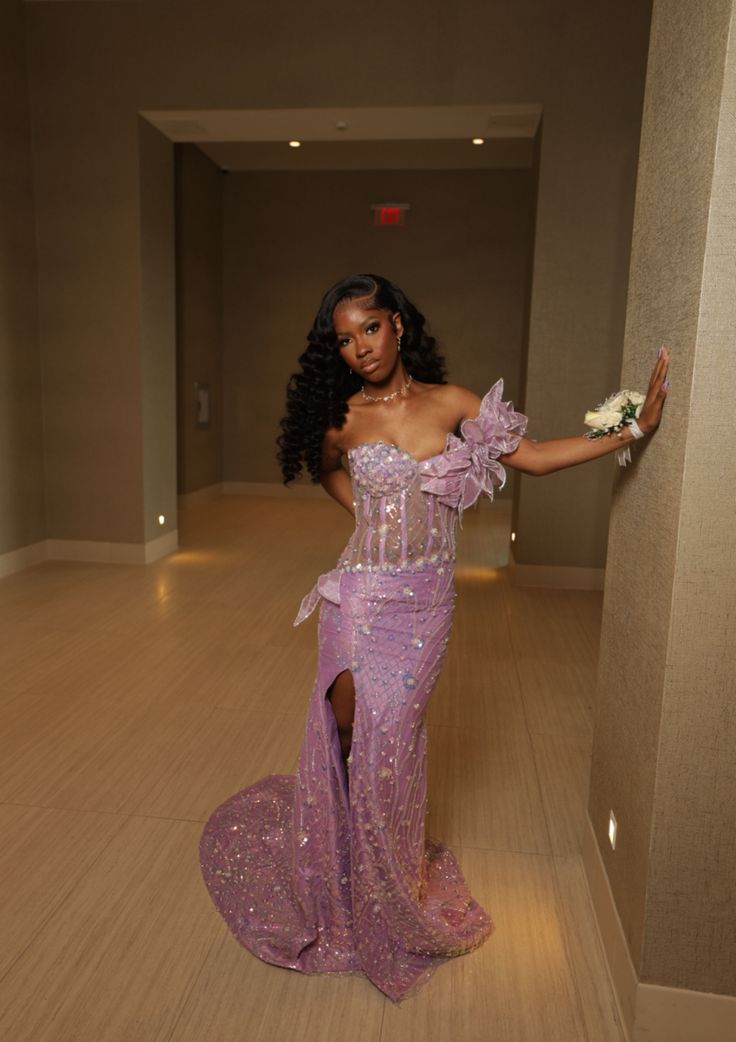 Luxurious Purple Beaded Sequin 3D Flower High Slit Tulle Train Prom Dress Evening Dress cc5599