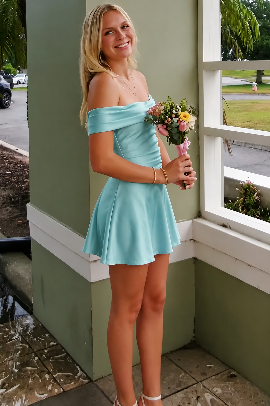 Pink Satin Off-Shoulder A-Line Pleats Short Party Homecoming Dress