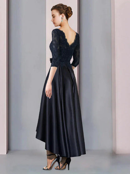 DingjiA-Line Mother of the Bride Dress Wedding Guest Elegant High Low Scoop Neck Asymmetrical Tea Length Satin Lace 3/4 Length Sleeve with Pleats Appliques Flower