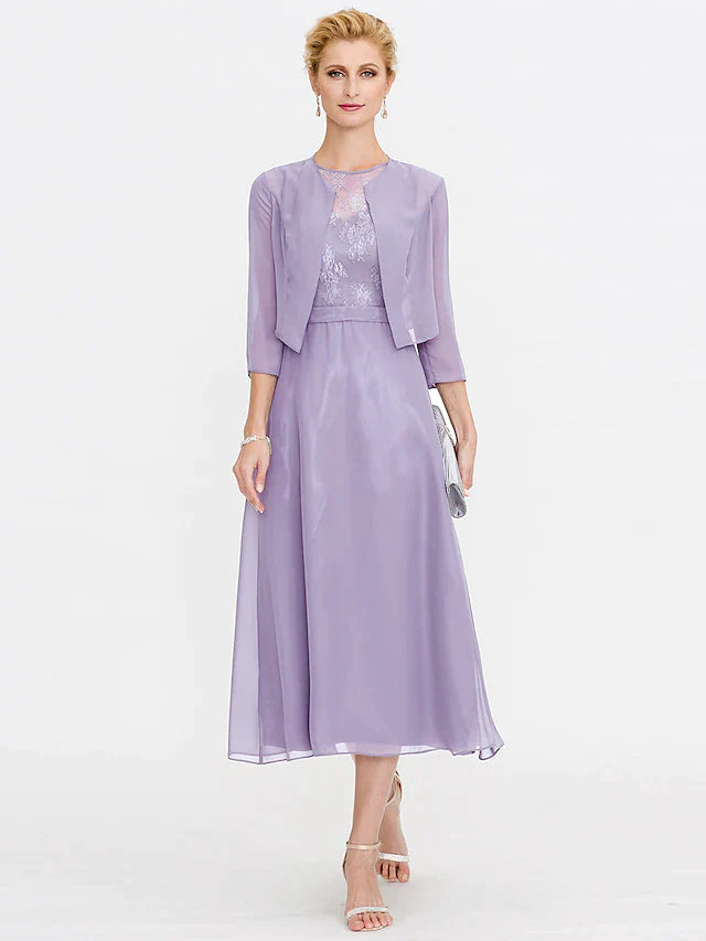 A-Line Mother of the Bride Dress Plus Size Elegant Illusion Neck Tea Length Chiffon Corded Lace Sleeveless Wrap Included with Lace Pleats