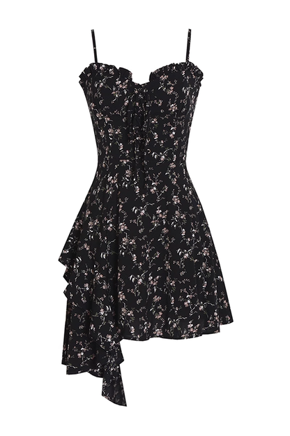 New Fashion Floral Design A-line Black High-waist Sleeveless Spaghetti Strap Dress HZ1024
