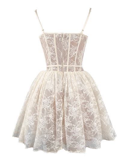 Vintage White Lace Embroidery Spaghetti Strap Design A-line Party Dress Homecoming Dress HZ1024