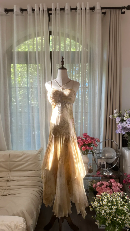 Retro Sweetheart Mermaid Spaghetti Strap Design A-line Romantic Chiffon Evening Dress Prom Dress HZ1024