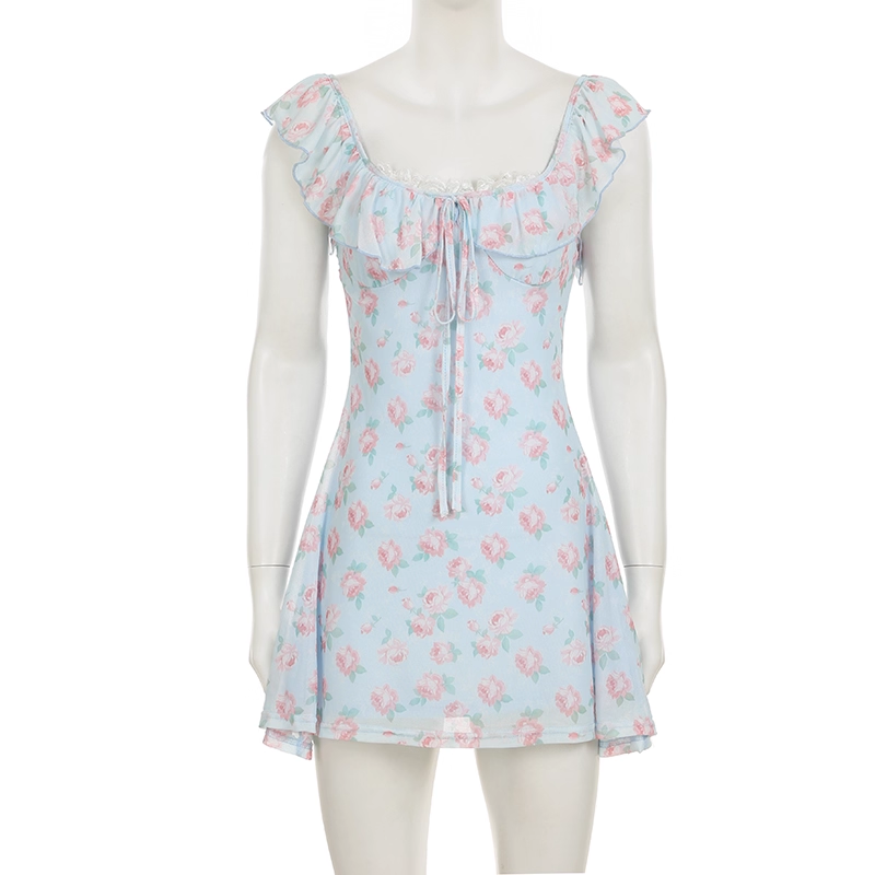 Cute Light Blue Floral Square-neck A-Line Short Summer Dresses Party Dress Homecoming Dress HZ1024