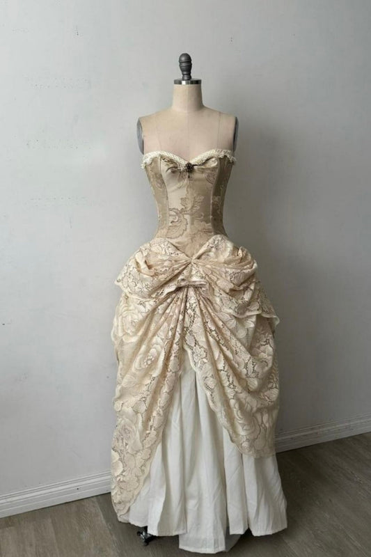 Sleeveless Champagne Lace Corset Dress | Vintage Luxury Bow Midi Gown for Gala Ball gh6463