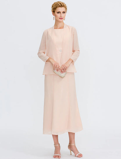 Aimishang  Two Piece Sheath / Column Mother of the Bride Dress Wedding Guest Plus Size Elegant with Jacket Long Sleeve Scoop Neck Tea Length Chiffon Sash / Ribbon Pleats Beadin