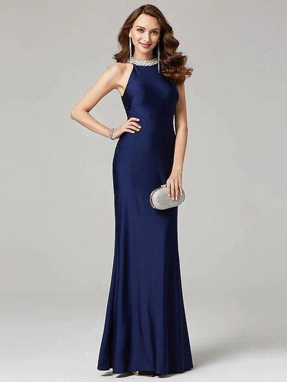 Sheath / Column Mother of the Bride Dress Elegant Sexy Jewel Neck Floor Length Charmeuse Sleeveless with Pearls