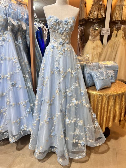 Blue  A-Line Sweetheart Tulle Appliques Long Prom Dress, Strapless Evening Dress ED01609