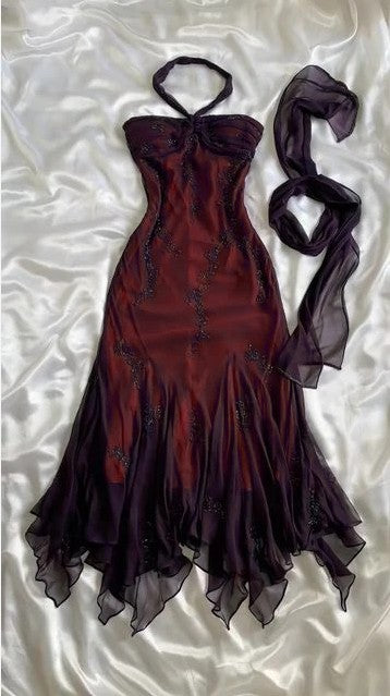 💃 Vintage Blue Tulle& Chiffon Prom Dress for Party&Graduation-90s Elegant Shinny Beaded  Evening Gown ED01743