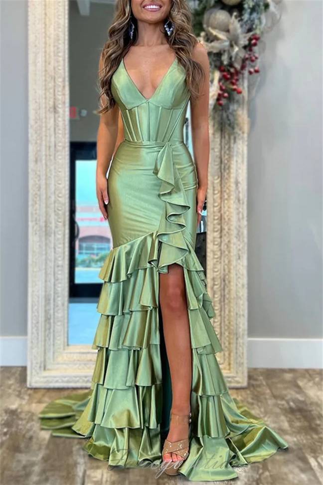 Black V-Neck Ruffle Mermaid Prom Dress with Lace-up