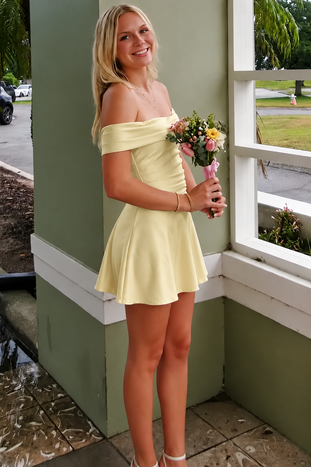 Pink Satin Off-Shoulder A-Line Pleats Short Party Homecoming Dress