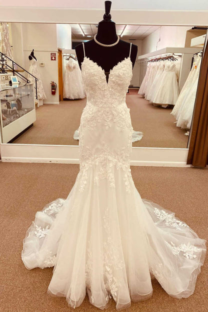 White Lace Straps Backless Trumpet Long Wedding Dress