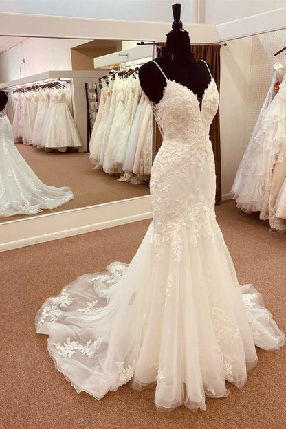 White Lace Straps Backless Trumpet Long Wedding Dress