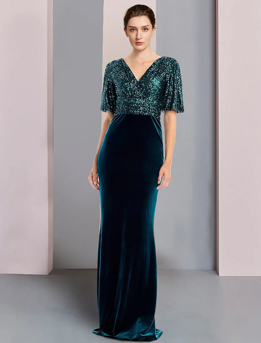 Aimishang  Sheath / Column Mother of the Bride Dress Formal Wedding Guest Elegant Vintage V Neck Sweep / Brush Train Sequined Velvet Half Sleeve with Color Block