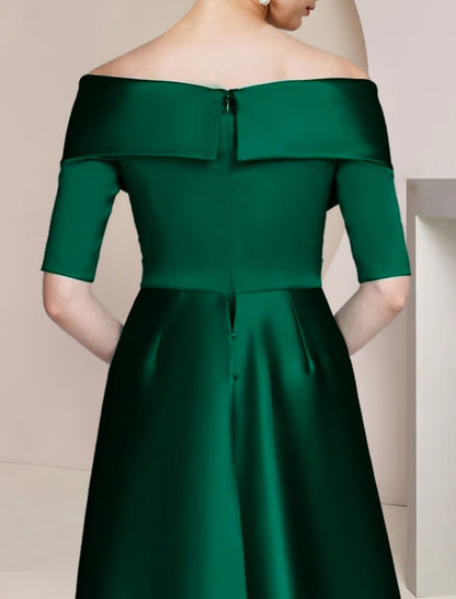 Aimishang  Sheath / Column Mother of the Bride Dress Formal Wedding Guest Party Elegant Formal Party Satin Half Sleeve Off Shoulder Floor Length with Overskirts Ruching