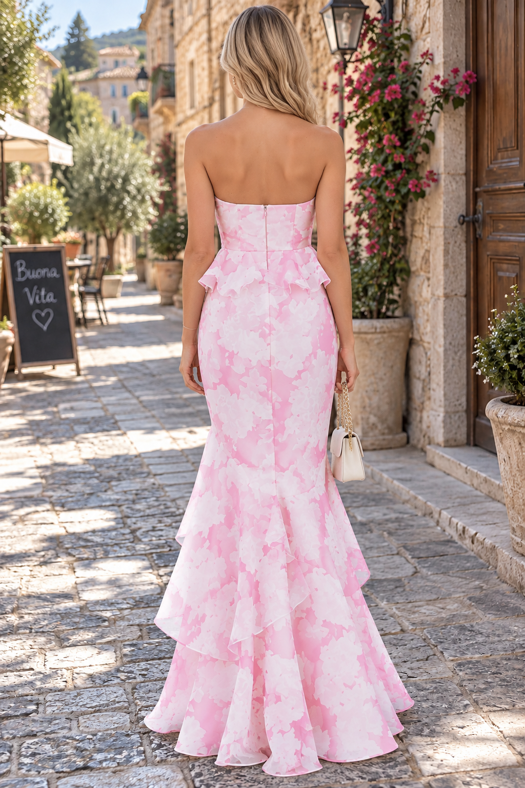 Floral Printing Strapless Sweetheart Mermaid Pink Long Prom Dress