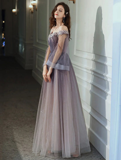 Aimishang A-Line Minimalist Elegant Party Wear Prom Dress Off Shoulder Long Sleeve Floor Length Tulle with Appliques