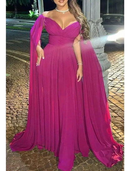 Aimishang A-Line Evening Gown Elegant Dress Formal Wedding Party Sweep / Brush Train Sleeveless Off Shoulder Capes Chiffon with Pleats